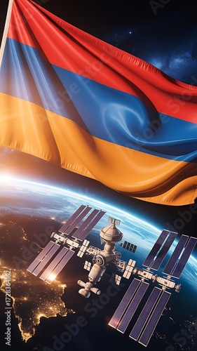 Armenia flag waving above earth with international space station viewable