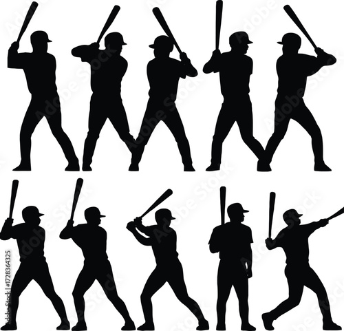 Dynamic baseball player silhouettes in action poses with bats ready to swing 