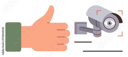 Hand making a thumbs-up sign beside a security camera in focus. Ideal for safety, surveillance, approval, privacy, observation, monitoring, technology, simple flat metaphor