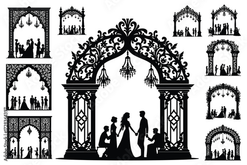 Ornate wedding arches with silhouettes of couples and guests