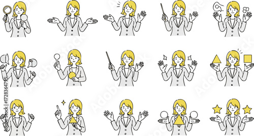 Set of hand-drawn illustrations of a blonde businesswoman in a suit, showing various poses and expressions for business concepts.