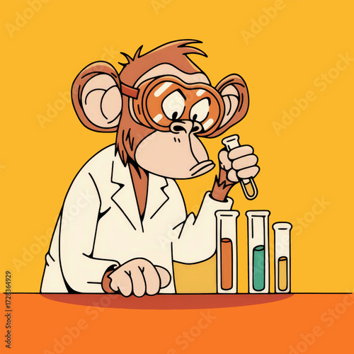 Funny cartoon monkey in lab coat and goggles doing experiment with test tubes.