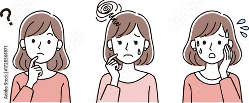 Set of three cartoon illustrations of a woman feeling confused, dizzy, and anxious with sweat drops.