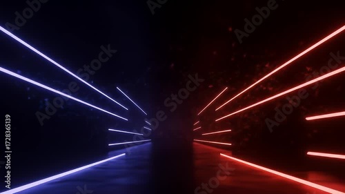 Abstract scene shows glowing lines in a tunnel like area in red and blue colors