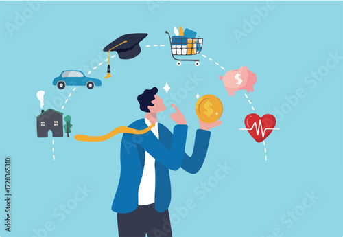 Budget planning, financial management to allocate expense or payment, income and saving, accounting concept, businessman holding money coin think about budget planning with expense categories.