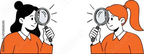 Smiling cartoon women, one with black bun, one with orange ponytail, holding magnifying glasses, actively searching.