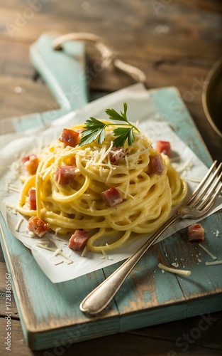 Delicious spaghetti carbonara with pancetta and parsley