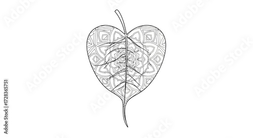 Floral Vector Illustration Heart Shaped Leaf with Mandala Geometric Pattern Black White Design