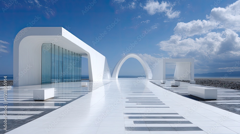 Fototapeta premium Sleek White Monumental Structure Featuring Modern Architecture Against a Serene Ocean Backdrop with Sky