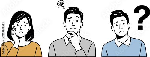 Stylized vector of three diverse people, confused and worried, pondering a problem, with a large question mark.