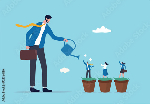 Talent development, career growth, training or coaching staff develop skill, employee improvement, HR human resources concept, businessman manager watering growth talented staff in grow seedling pot.