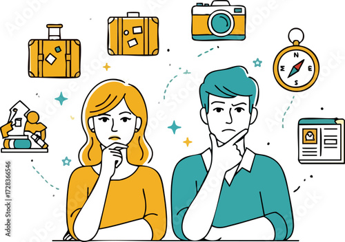 Thoughtful Couple Pondering Travel Plans with Luggage and Compass