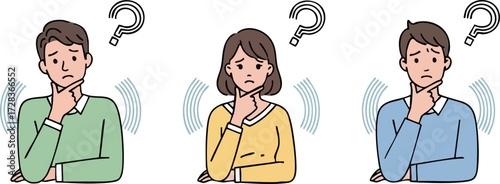 Thoughtful diverse cartoon people pondering, hand on chin, with question marks and sound waves, flat vector illustration.