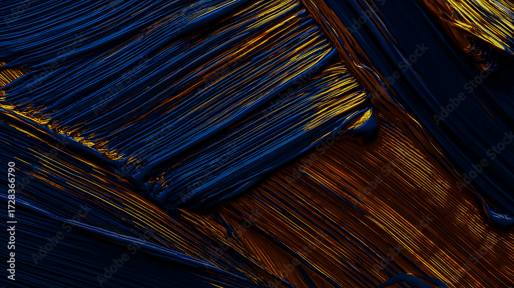 Fototapeta premium Abstract artwork features vivid blue, orange, and gold strokes, creating a textured visual experience that captivates the viewer's attention and inspires creativity