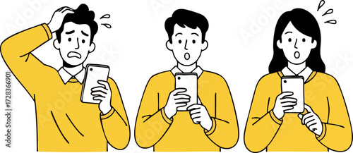 Three cartoon people in yellow shirts holding phones with shocked, worried expressions, sweat drops.