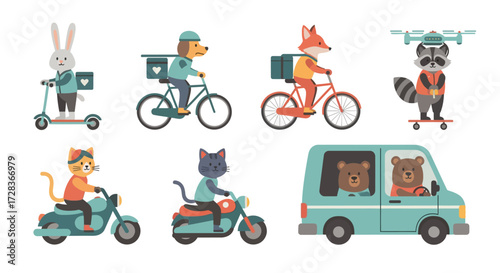 A collection of cartoon animals delivering packages on various vehicles, showcasing delivery services.