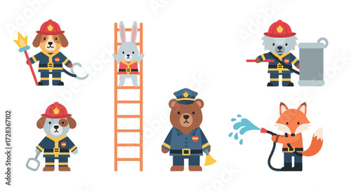 A collection of cartoon animal firefighters and a police officer in uniform, ready to help.