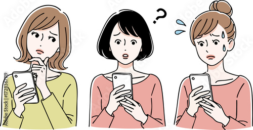 Three Concerned Women Holding Smartphones, Expressing Worry and Doubt