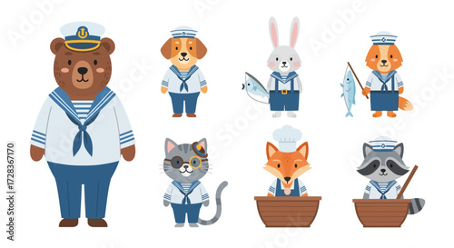 Cartoon animals dressed in sailor outfits, including a bear, dog, rabbit, cat, fox, and raccoon.