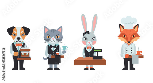 Cartoon animals dressed as service staff: dog waiter, cat waiter, rabbit cashier, and fox chef.