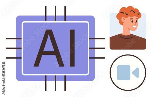 AI processor, person avatar, and video icon representing artificial intelligence enhancing communication. Ideal for technology, innovation, communication, virtual assistance, machine learning
