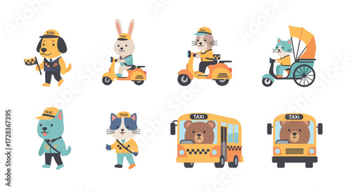 A collection of cartoon animals, each depicted as taxi drivers, using various modes of transportation.