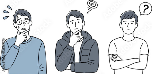 Three men in simple line art, expressing worry, confusion, and puzzlement with distinct poses and symbols.