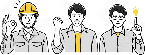 Three men in casual and work attire expressing positive emotions and ideas
