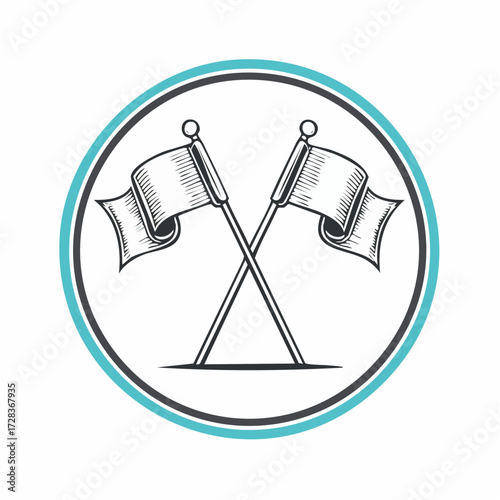 Vector illustration of two crossed vintage style flags on a white background with a teal border, perfect for graphic design and communication themes
