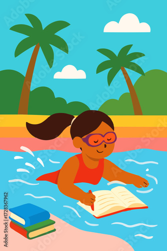 A flat vector illustration of a girl swimming in a colorful tropical pool