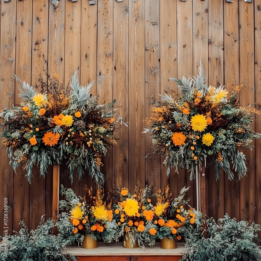 Fototapeta premium Autumnal Wedding Floral Arrangements Rustic Wooden Background