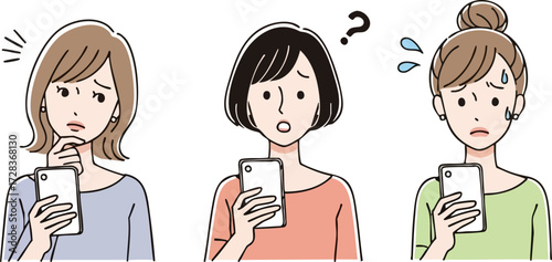 Three women holding smartphones, displaying confused, worried, and distressed expressions in a clean, flat illustration.