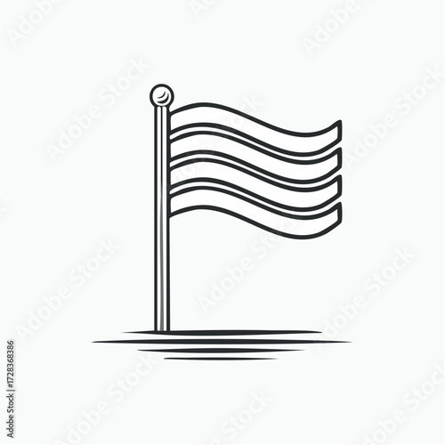 Minimalist outline illustration of a waving flag on a flagpole, symbolizing national identity, freedom, and patriotic spirit, ideal for diverse graphic design applications, web icons, or event visuals