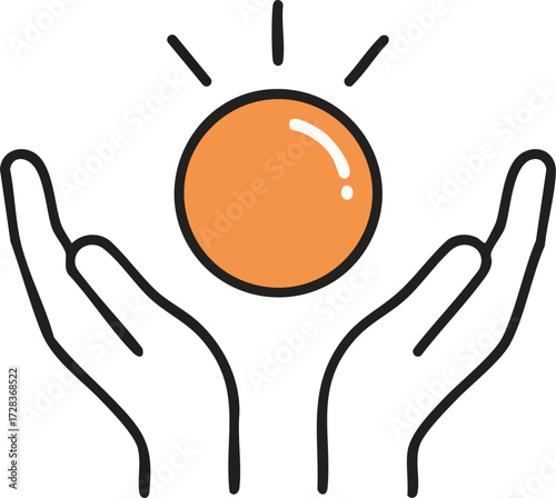 Two cupped hands gently holding a glowing orange sun
