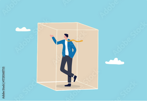 Business transparency, integrity or honesty, open data for corporate operations, transactions or management concept, sincere businessman inside transparent see through box metaphor of transparency