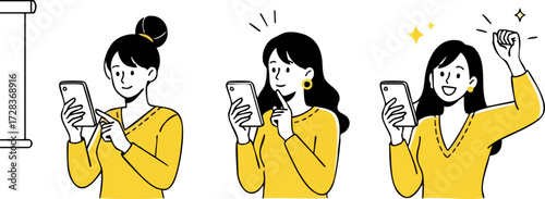 Vector illustration of three women in yellow tops using smartphones, expressing happy, surprised, and triumphant emotions.