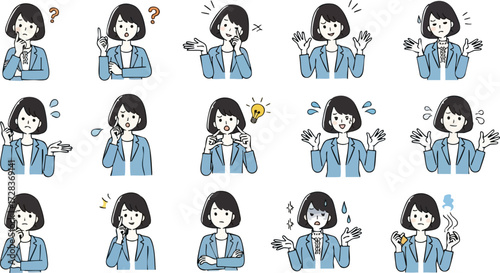 Vector illustration set of a short-haired woman in a blue blazer expressing various emotions and gestures