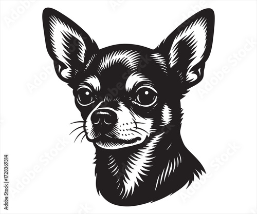 Black and White Chihuahua Dog Head Illustration | Cute Small Pet Portrait Artwork
