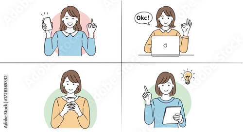 Woman in Four Panels Showing Technology Use and Ideas