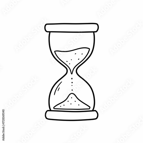 Hand-drawn hourglass illustration with sand flowing from the top to the bottom chamber, isolated on white.