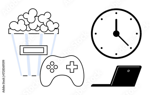 Popcorn bucket, gaming controller, clock, and laptop highlighting entertainment, gaming, time usage, and routine balance. Ideal for leisure, entertainment time management relaxation hobbies
