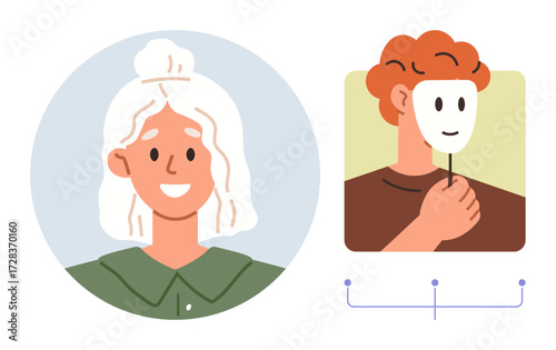 Smiling person next to one holding a mask, suggesting identity, self-expression, and social dynamics. Ideal for psychology, sociology, relationships, self-awareness truth vs. deception personal
