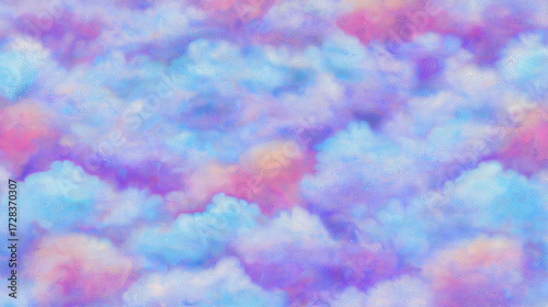 Colorful watercolor illustration of fluffy clouds in shades of pink, purple, and orange, creating a dreamy sky atmosphere with soft gradients and vibrant hues