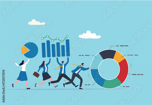 Data driven or data analysis, chart and graph report, analytics, research and optimization, big data or intelligence information, insight concept, business people carrying bar graph and pie chart.