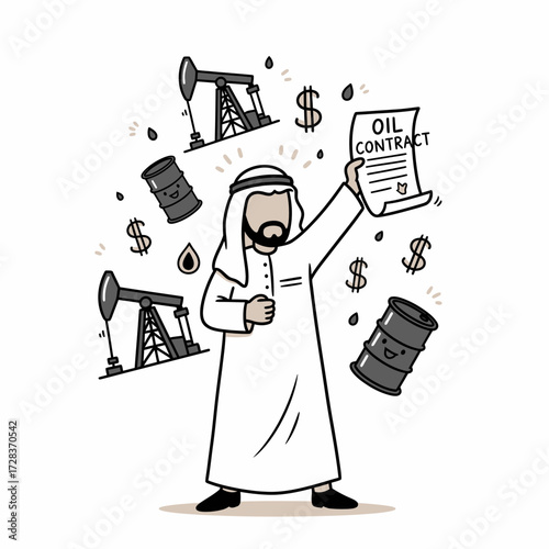Man in traditional robe holding oil contract surrounded by oil rigs and money.