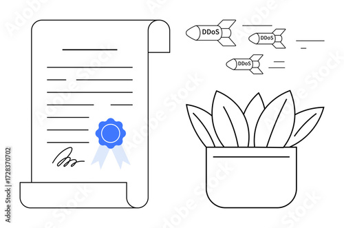 Document with blue seal beside a potted plant and DDoS-labeled missiles. Ideal for cybersecurity, threats, digital protection, eco-friendly tech, official certifications, data privacy, simple flat