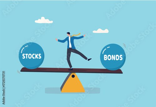 Stocks vs bonds in investment asset allocation, risk assessment portfolio or expected return in long term mutual funds, pension fund concept, businessman investor balance on stocks and bonds seesaw