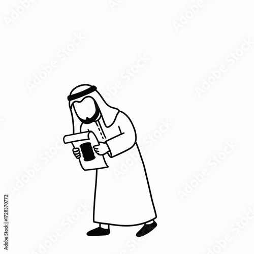 Cartoon drawing of a man in traditional Arab clothing reading a document.
