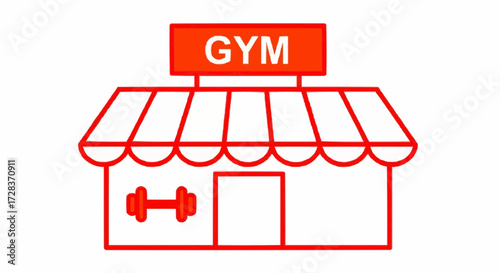 Simple red line art icon of a gym building storefront with a dumbbell symbol in the window. This isolated vector illustration represents fitness, health, exercise, and workout concepts