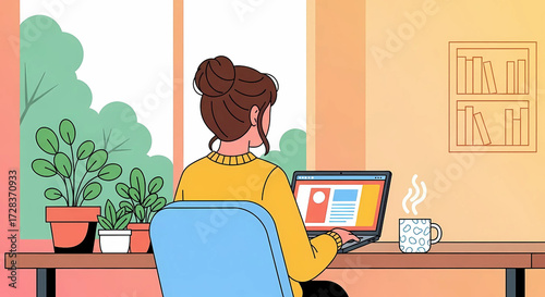 Remote Work Flat Illustration of Woman at Laptop